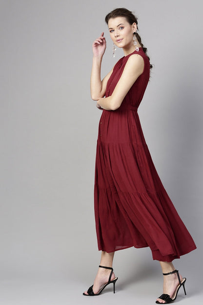 Women's Maroon Tiered Front Button Crinkled Maxi