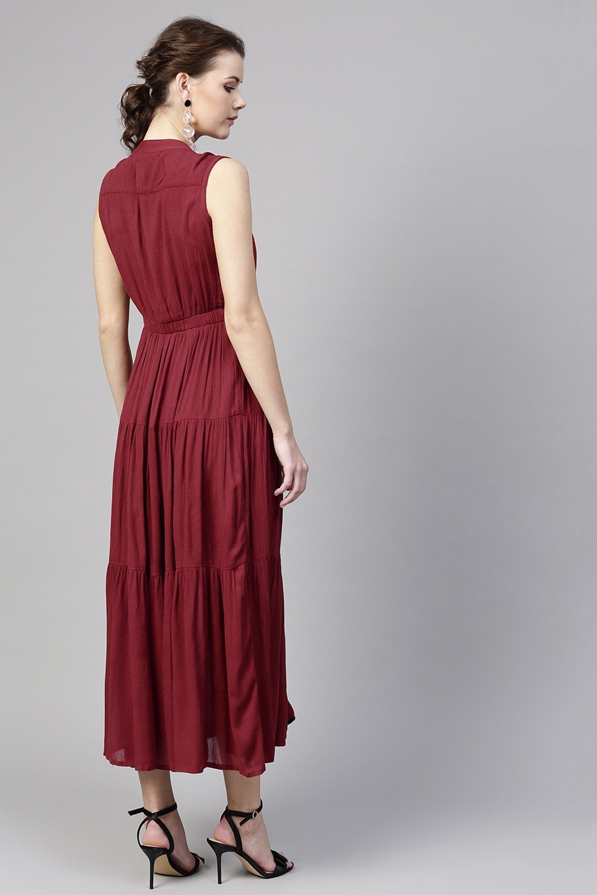 Women's Maroon Tiered Front Button Crinkled Maxi