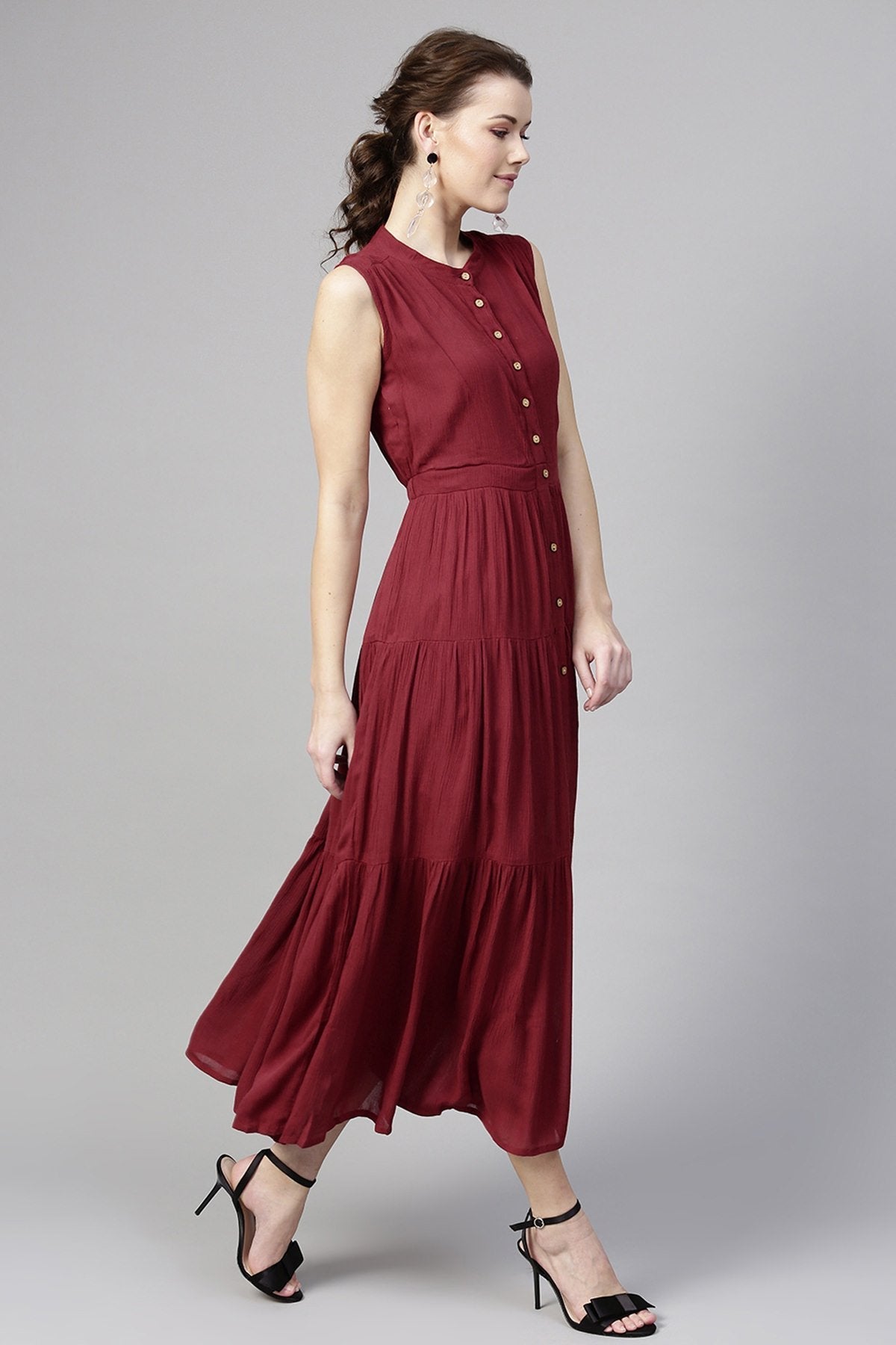 Women's Maroon Tiered Front Button Crinkled Maxi