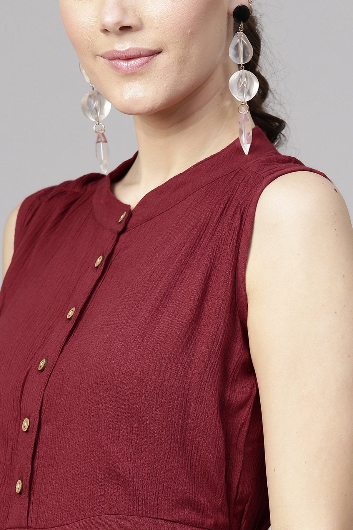 Women's Maroon Tiered Front Button Crinkled Maxi