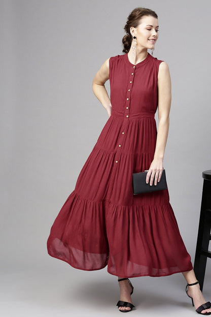 Women's Maroon Tiered Front Button Crinkled Maxi