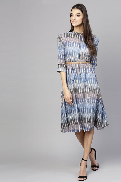 Women's Blue Ikat Belted Dress
