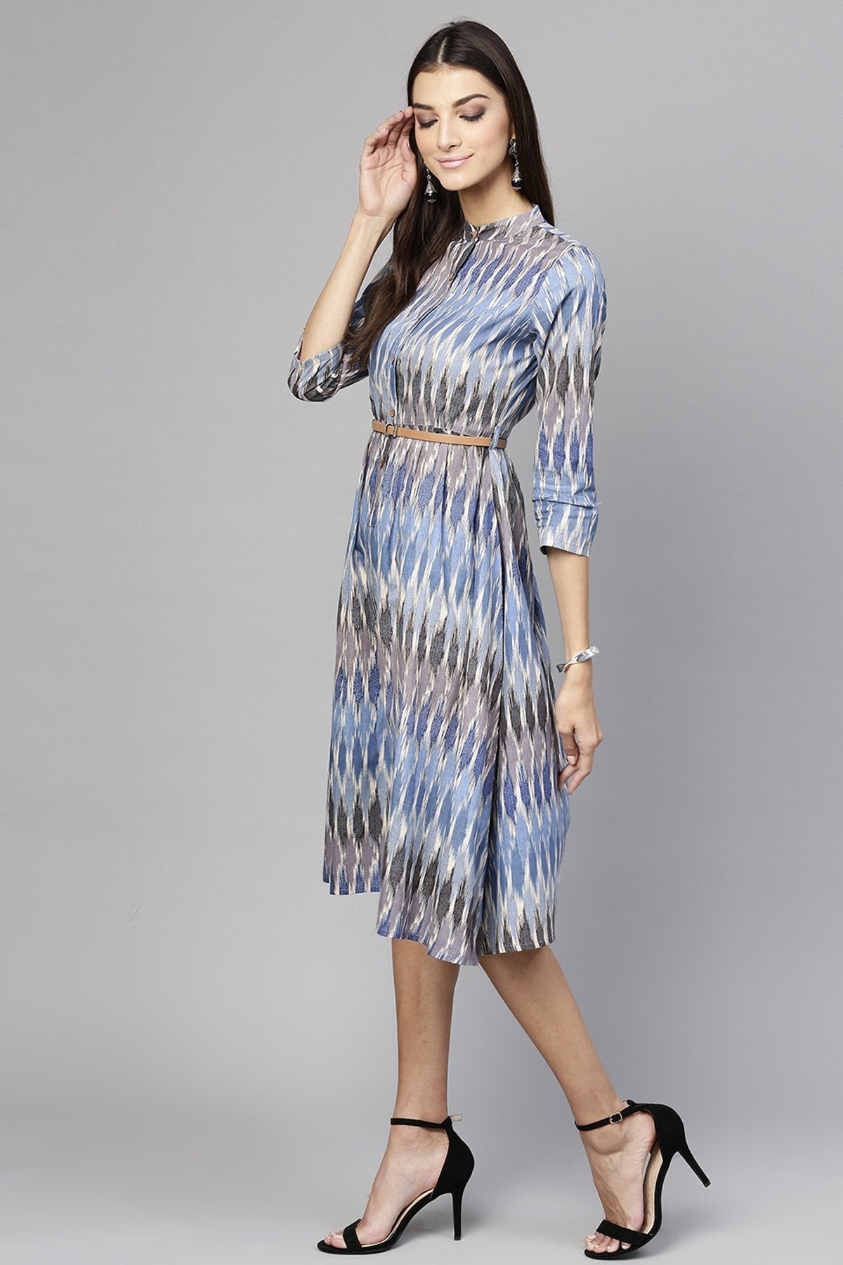 Women's Blue Ikat Belted Dress