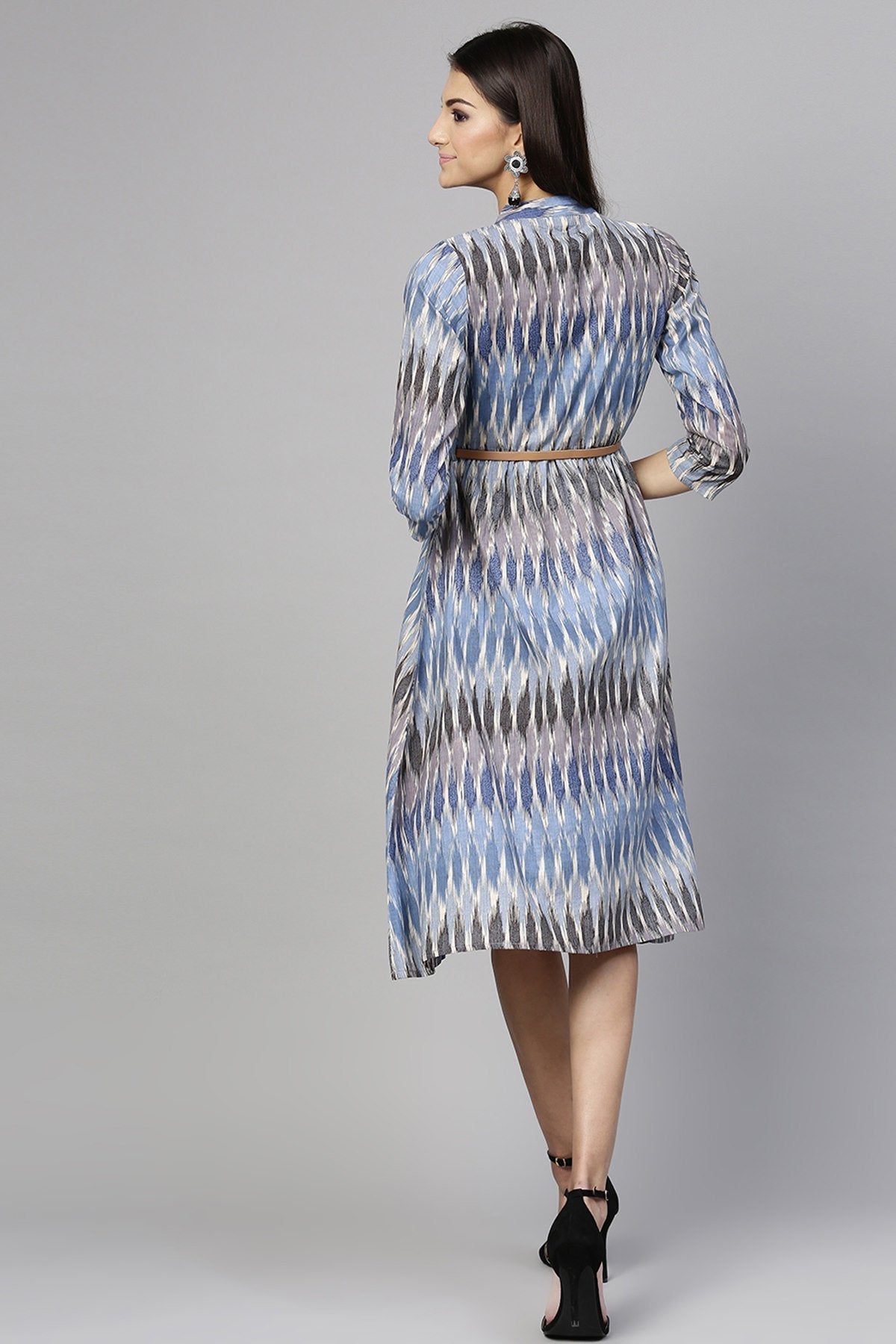 Women's Blue Ikat Belted Dress