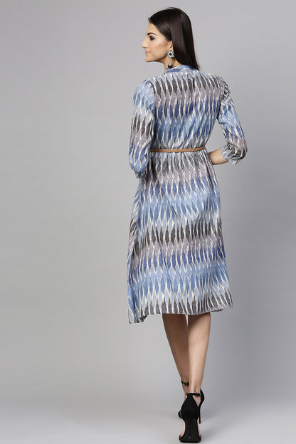 Women's Blue Ikat Belted Dress