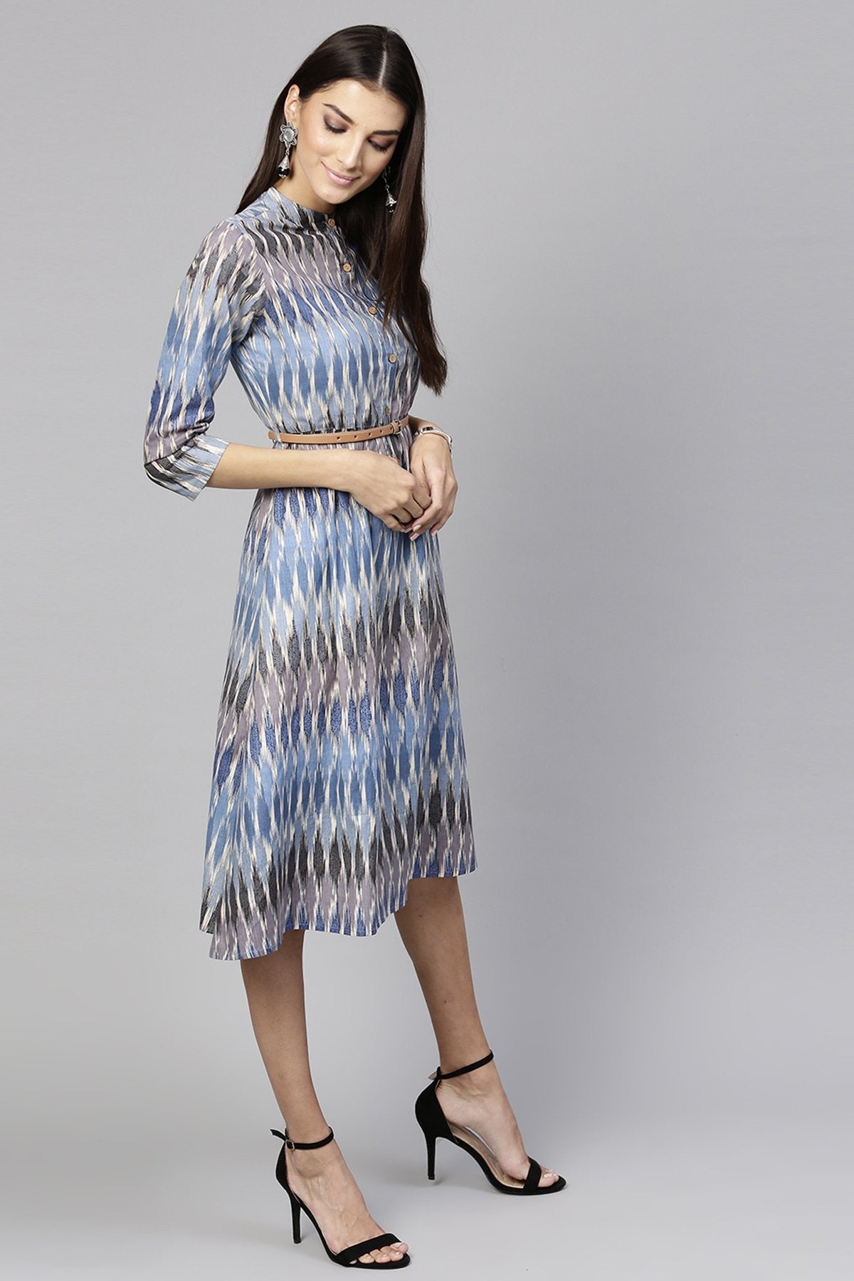 Women's Blue Ikat Belted Dress