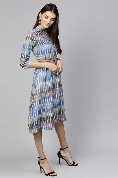 Women's Blue Ikat Belted Dress