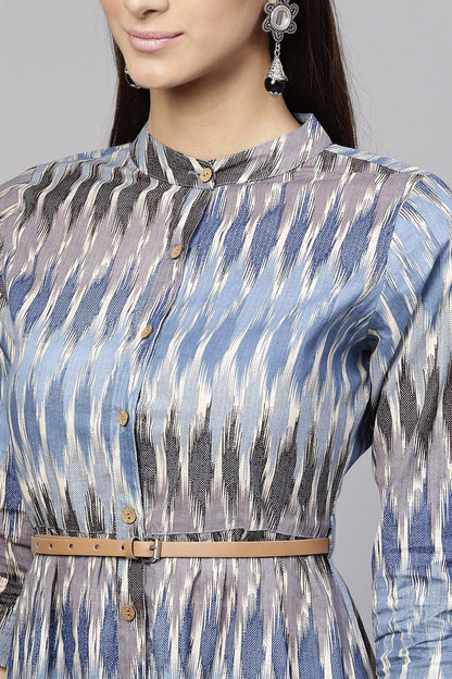 Women's Blue Ikat Belted Dress