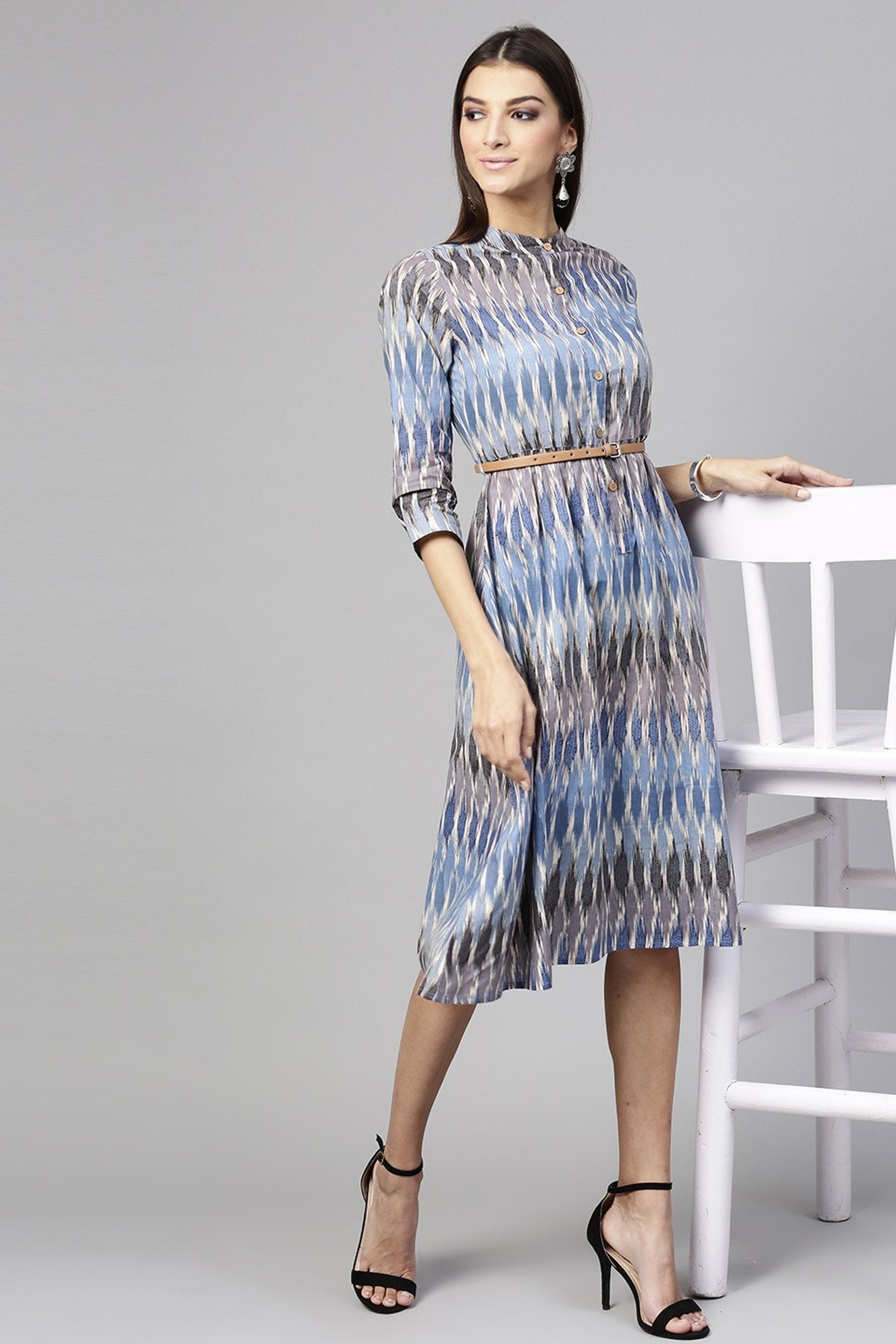 Women's Blue Ikat Belted Dress