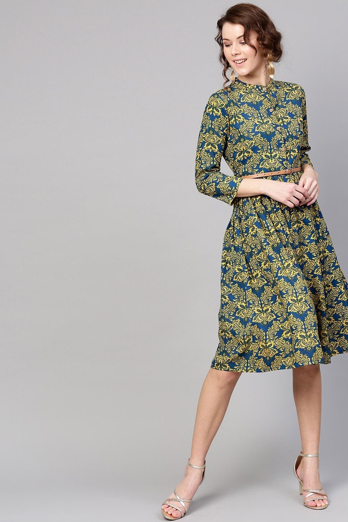 Women's Navy Yellow Floral Belted Dress