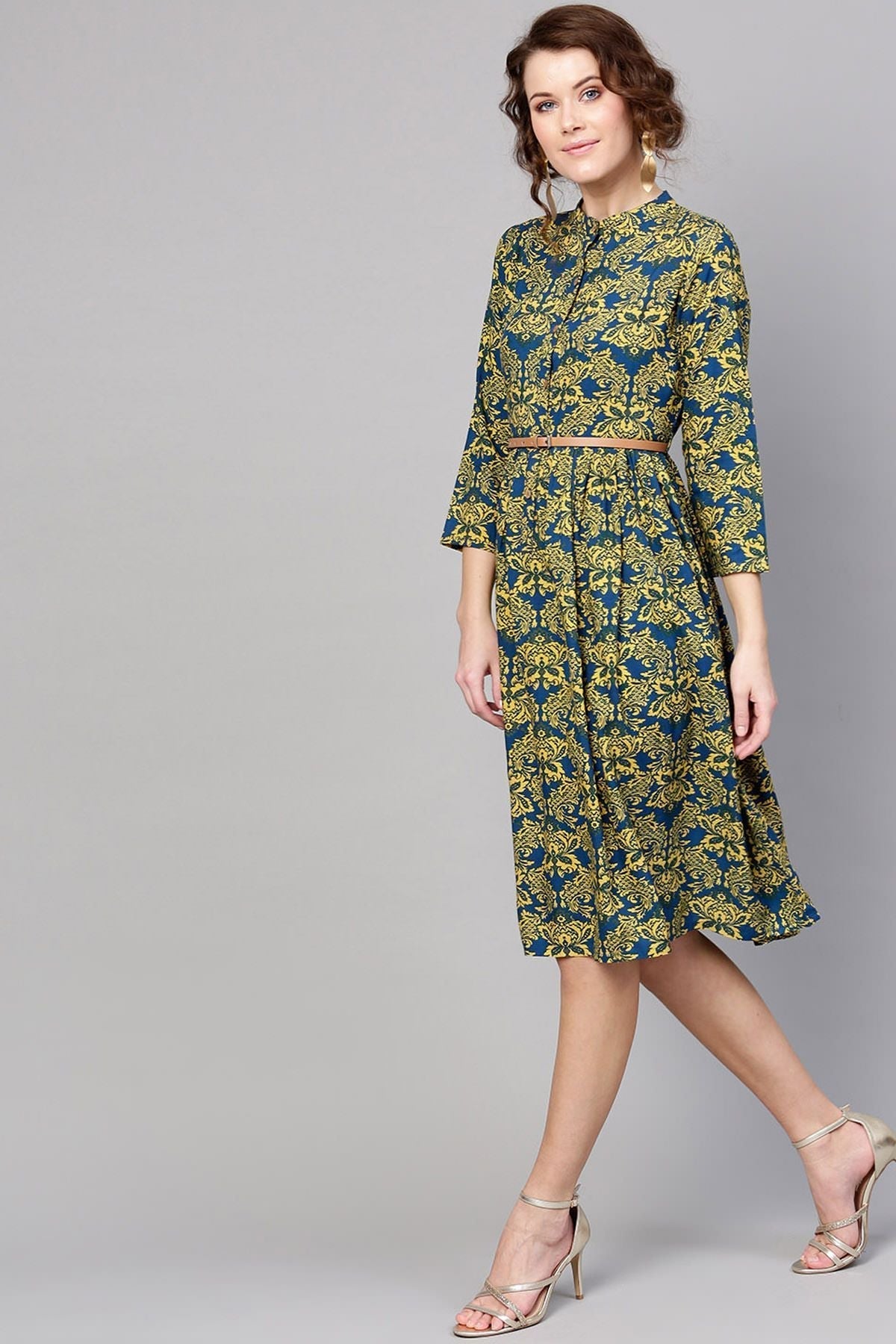 Women's Navy Yellow Floral Belted Dress