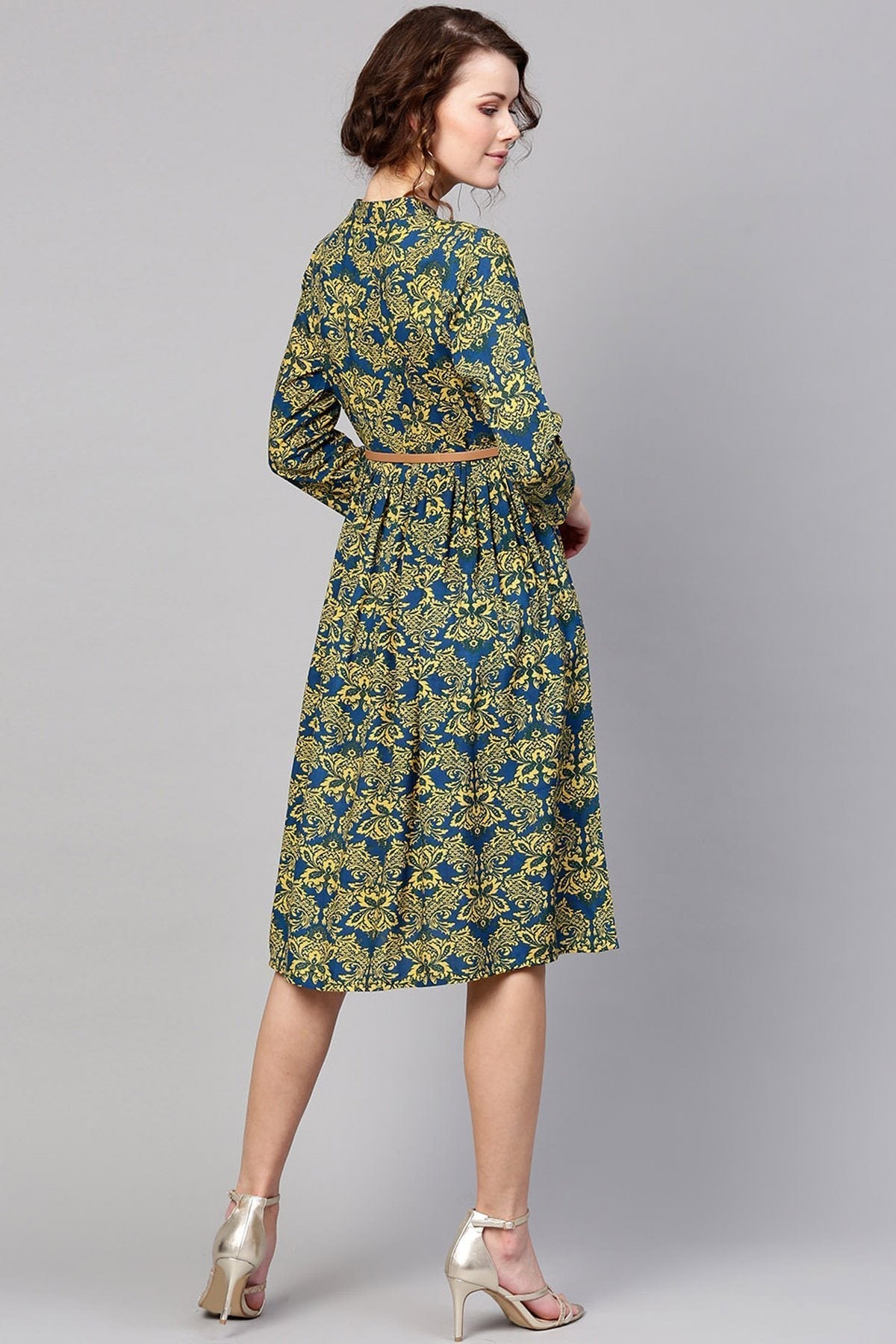 Women's Navy Yellow Floral Belted Dress