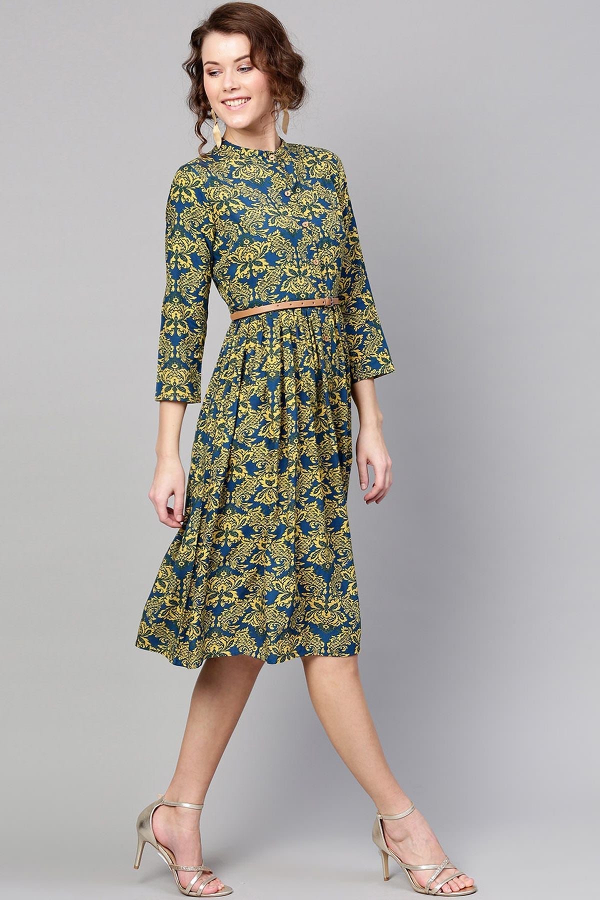 Women's Navy Yellow Floral Belted Dress