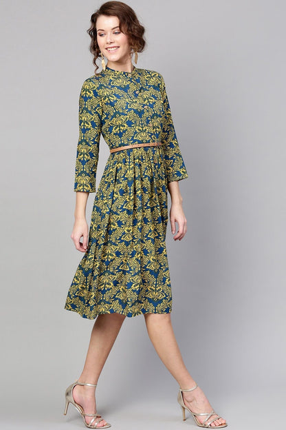 Women's Navy Yellow Floral Belted Dress