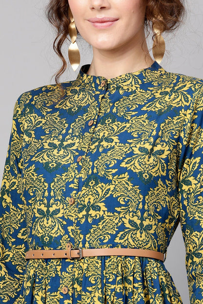 Women's Navy Yellow Floral Belted Dress
