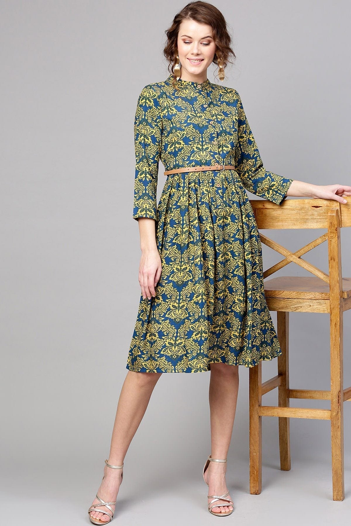 Women's Navy Yellow Floral Belted Dress
