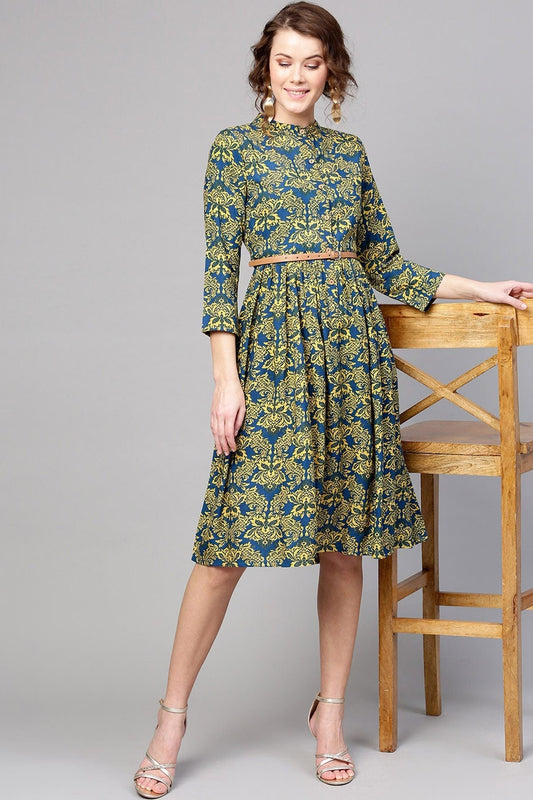 Women's Navy Yellow Floral Belted Dress