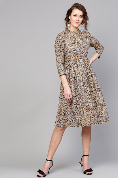 Women's Beige Paisley Belted Dress