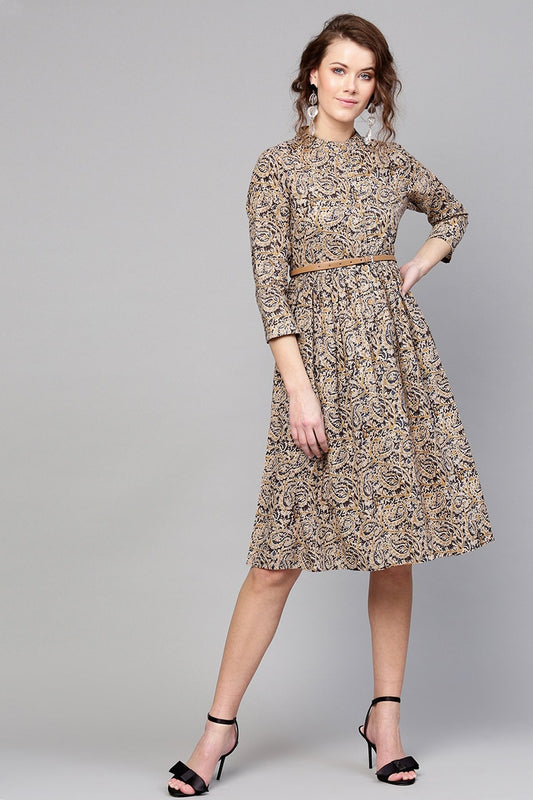 Women's Beige Paisley Belted Dress