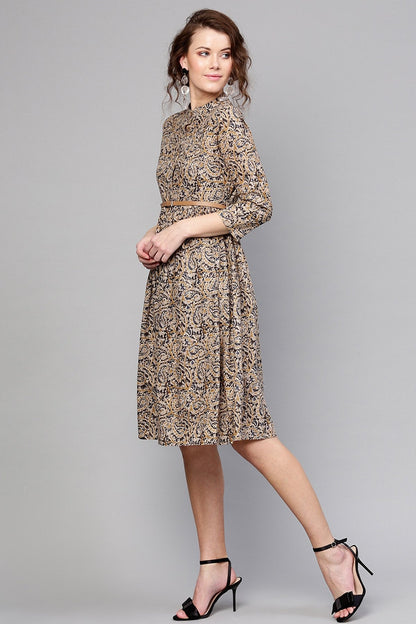 Women's Beige Paisley Belted Dress