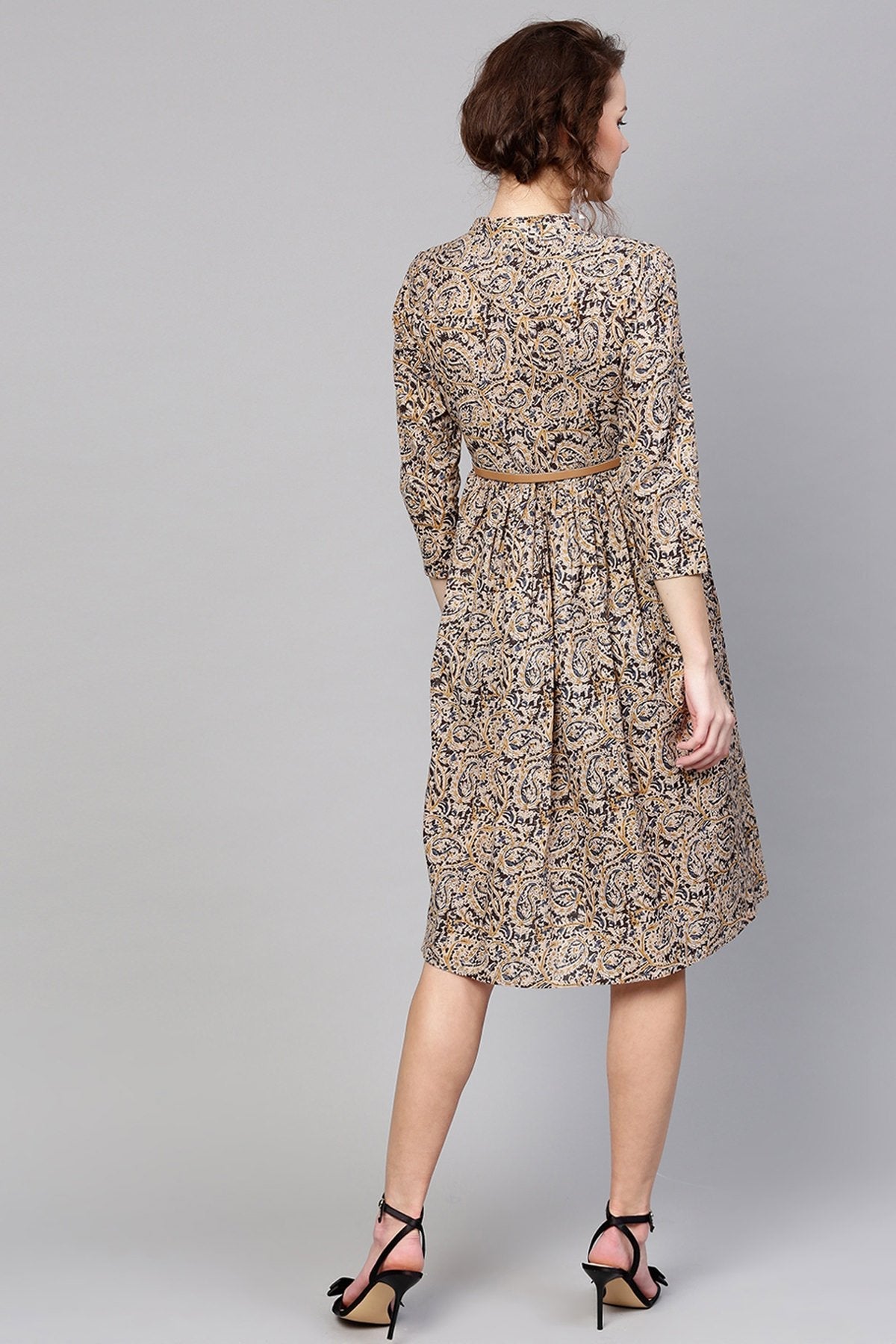 Women's Beige Paisley Belted Dress
