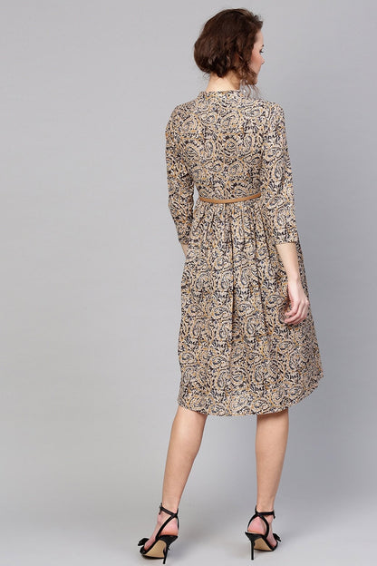 Women's Beige Paisley Belted Dress