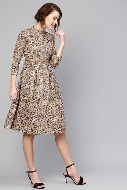Women's Beige Paisley Belted Dress