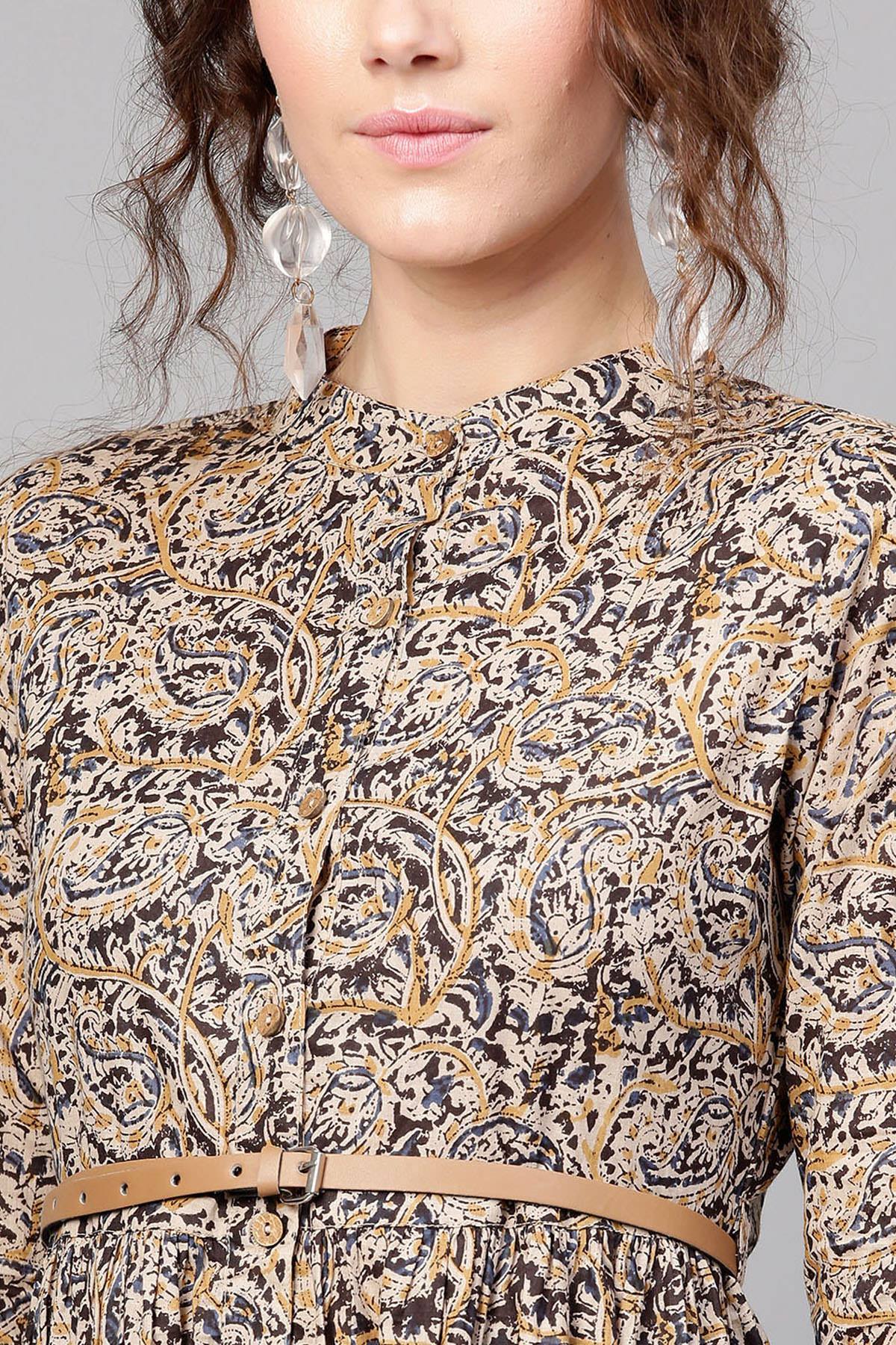 Women's Beige Paisley Belted Dress
