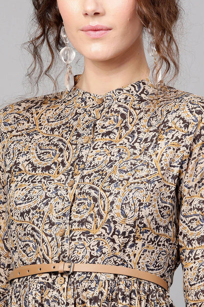 Women's Beige Paisley Belted Dress