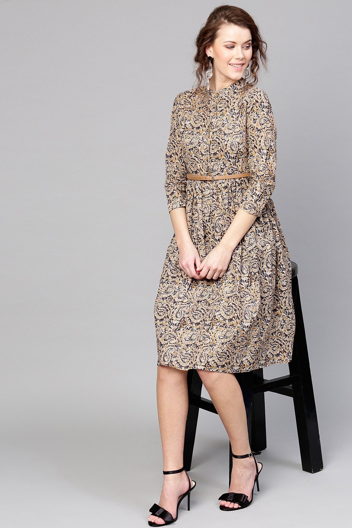 Women's Beige Paisley Belted Dress