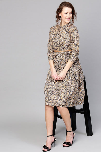 Women's Beige Paisley Belted Dress