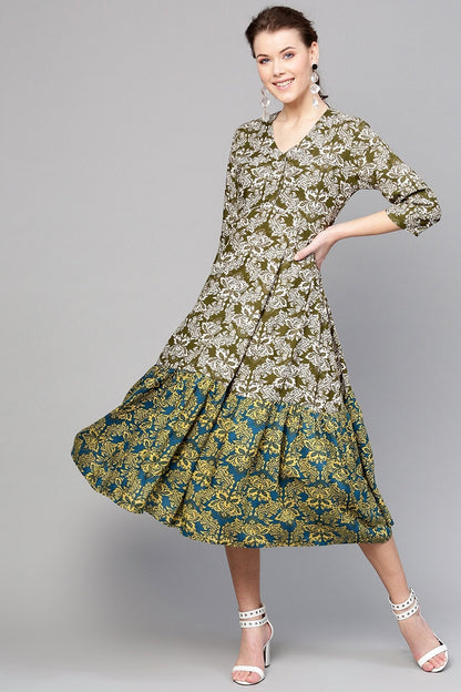 Women's Olive Floral Tiered Dress