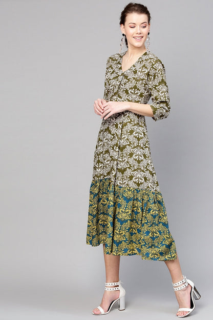 Women's Olive Floral Tiered Dress
