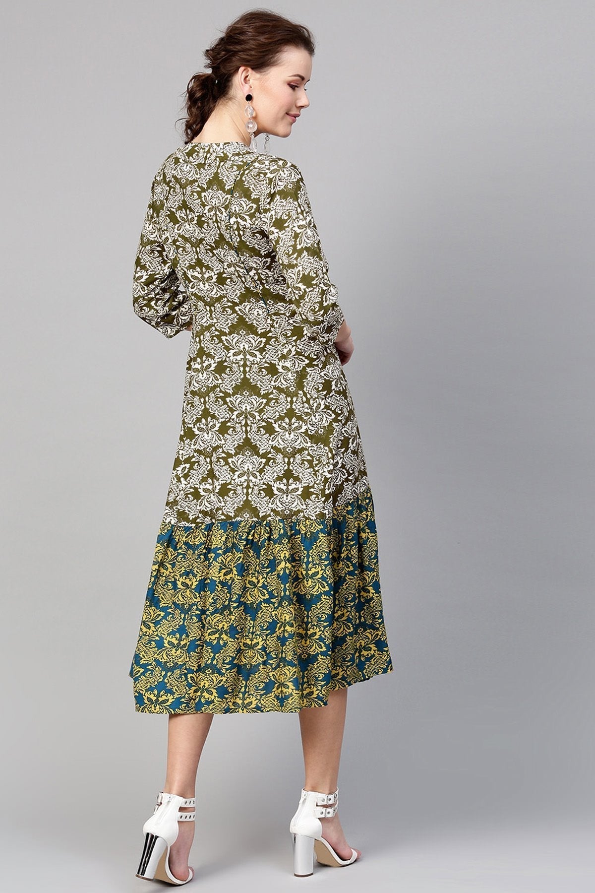 Women's Olive Floral Tiered Dress