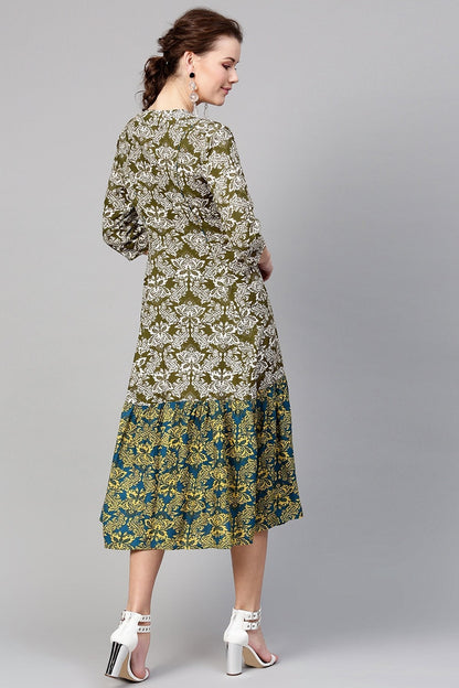 Women's Olive Floral Tiered Dress