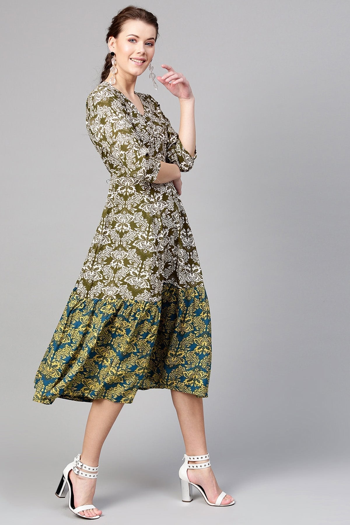 Women's Olive Floral Tiered Dress