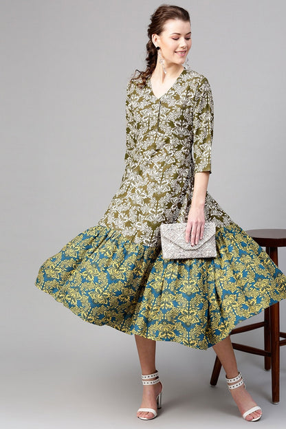 Women's Olive Floral Tiered Dress