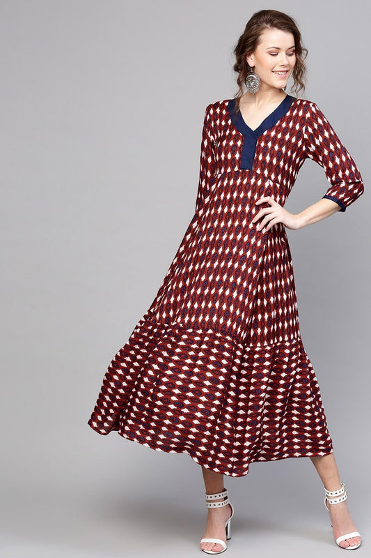 Women's Maroon Ikat Tiered Dress