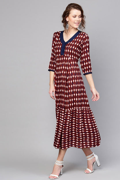 Women's Maroon Ikat Tiered Dress