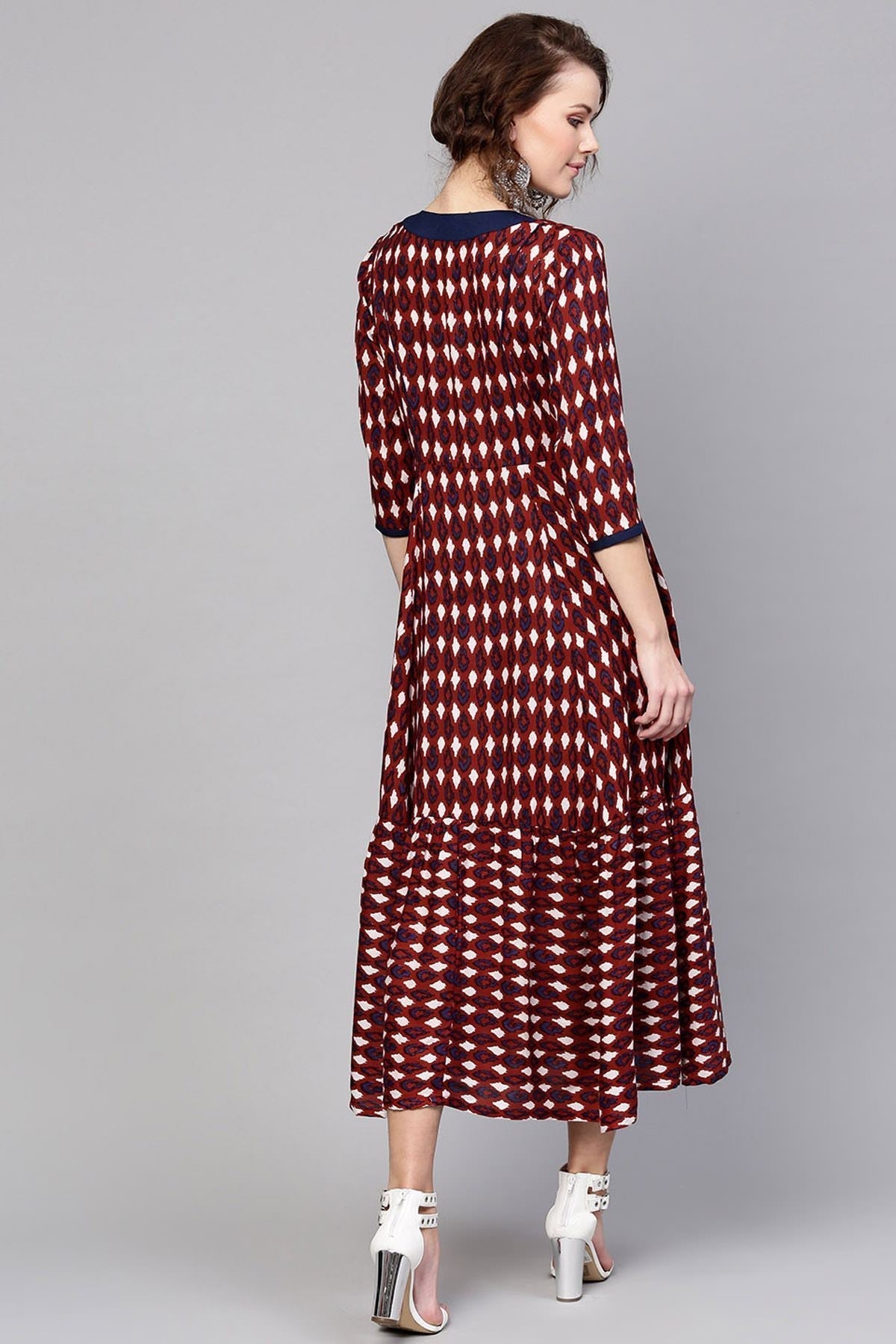Women's Maroon Ikat Tiered Dress