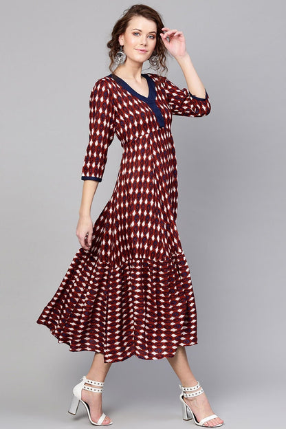 Women's Maroon Ikat Tiered Dress