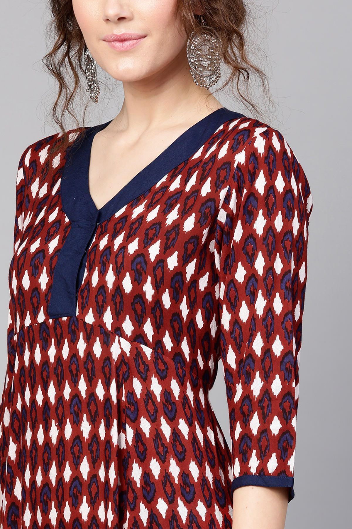 Women's Maroon Ikat Tiered Dress
