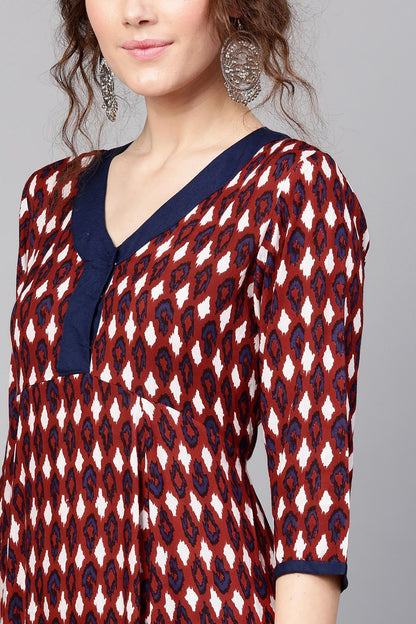 Women's Maroon Ikat Tiered Dress