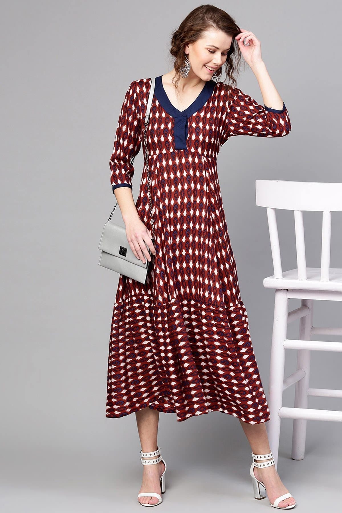 Women's Maroon Ikat Tiered Dress