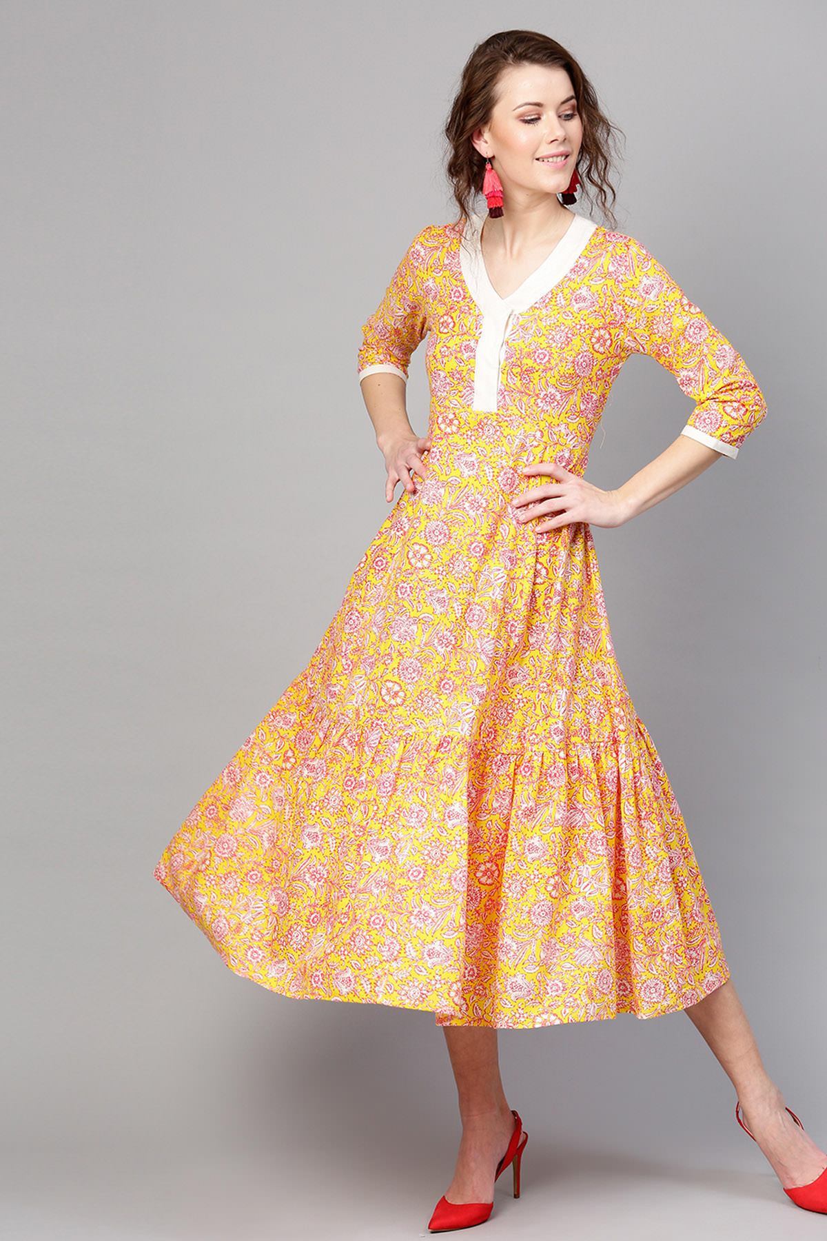Women's Yellow Pink Floral Tiered Dress