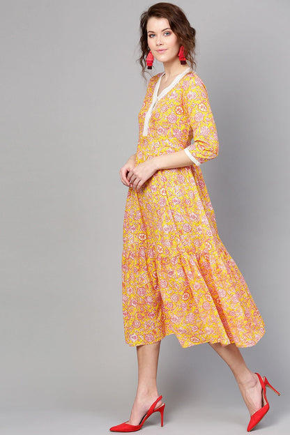Women's Yellow Pink Floral Tiered Dress