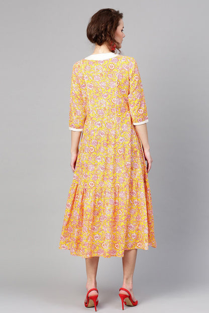 Women's Yellow Pink Floral Tiered Dress