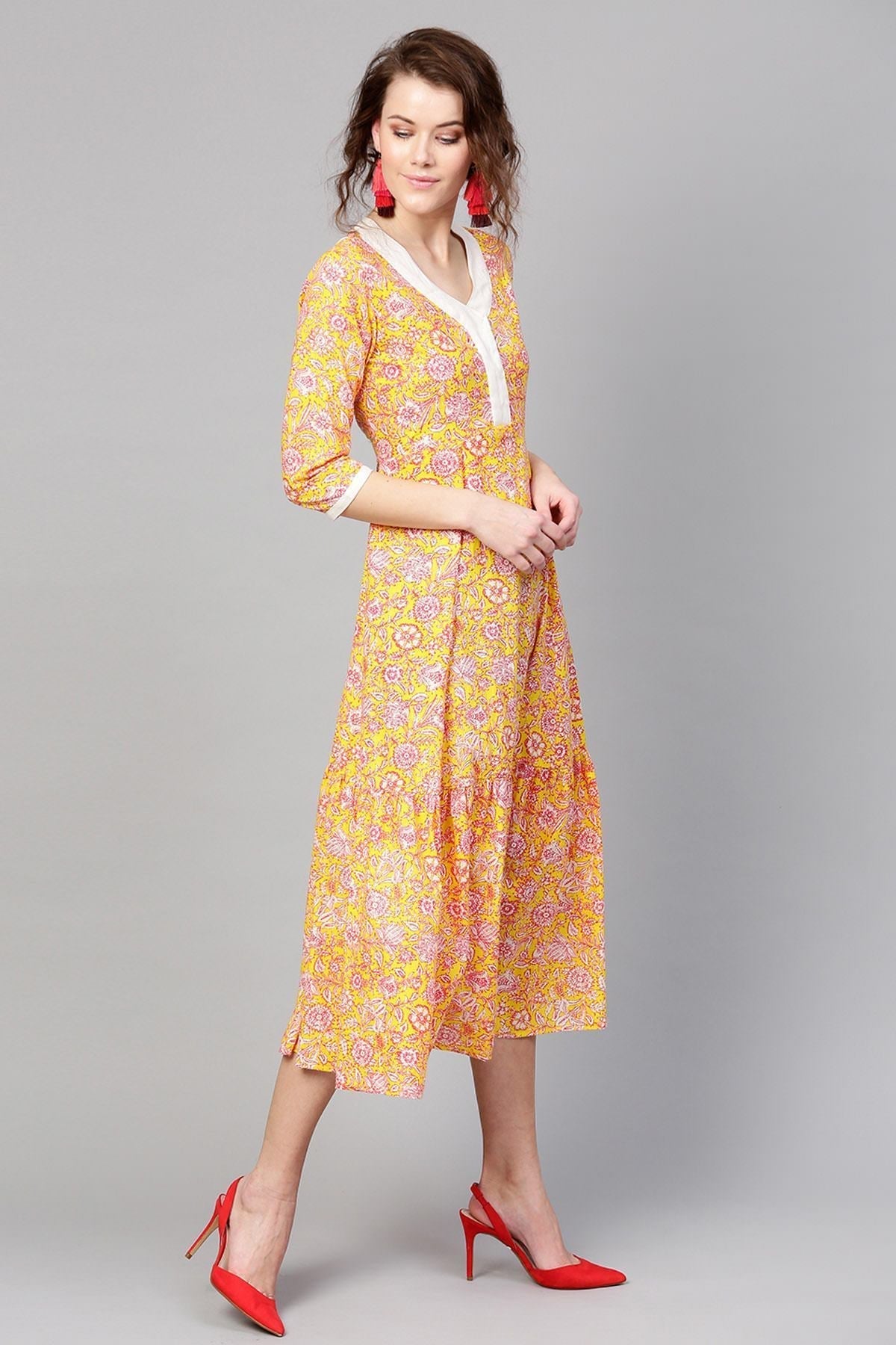 Women's Yellow Pink Floral Tiered Dress