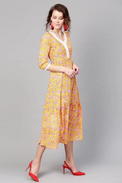 Women's Yellow Pink Floral Tiered Dress