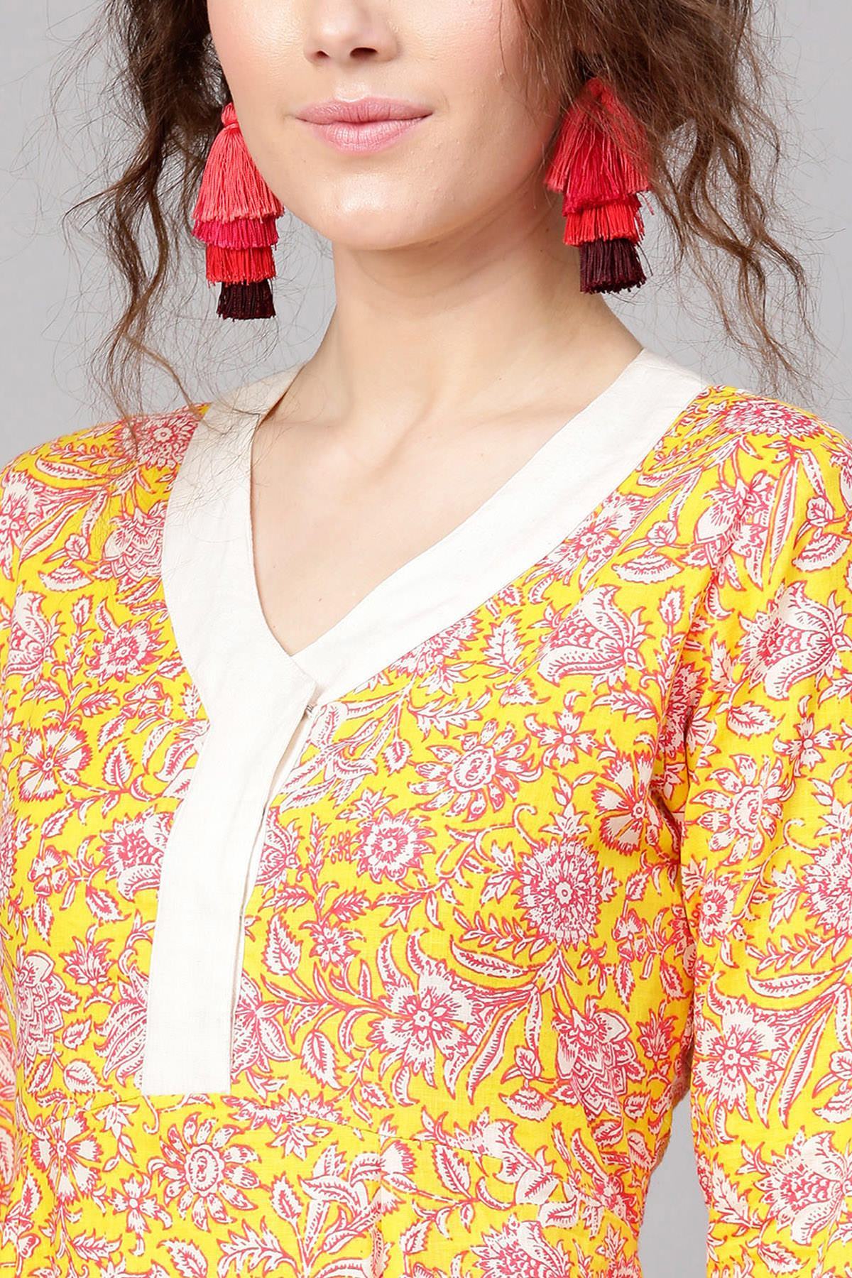 Women's Yellow Pink Floral Tiered Dress